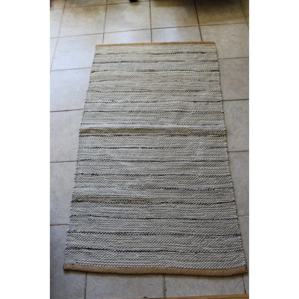 4.5 x 2.5 Ft. Rug Handmade Dhurrie Wool & Jute Mat Grey & Beige Carpet Woven